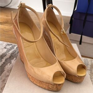 Jimmy Choo Tan Peep-Toe Wedge Espadrilles